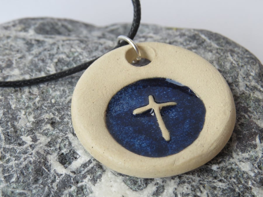  Blue Cross Ceramic Necklace Cord and Clasp