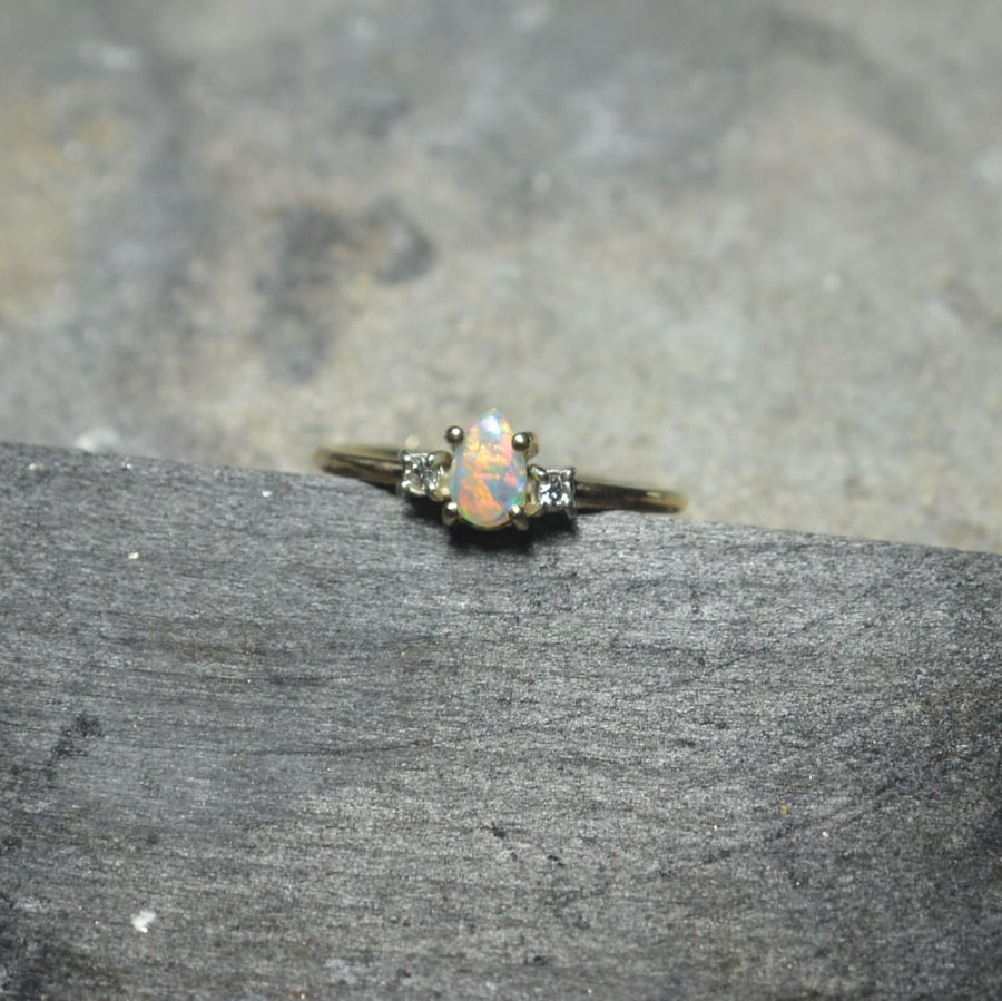 9ct Gold Teardrop Australian Crystal Opal and Diamond Ring
