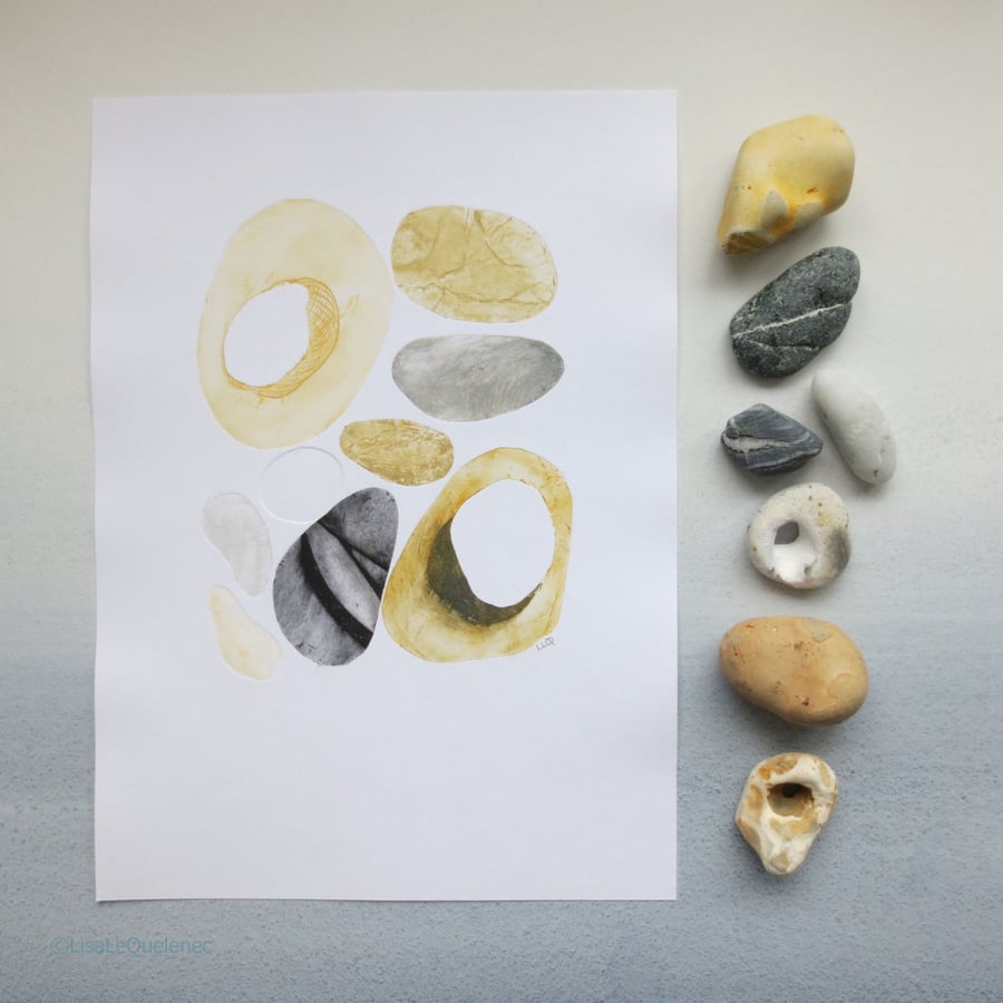OOAK collagraph monoprint of pebbles and hagstones collected on the Dorset Coast