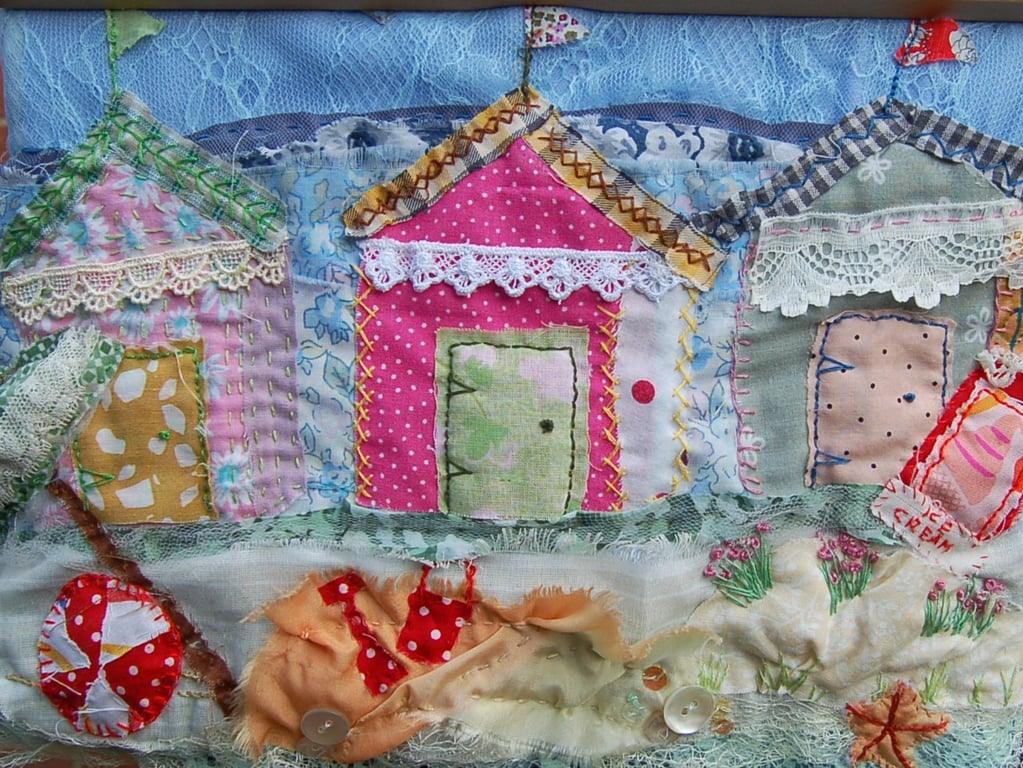 Beach Huts - Upcycled Applique Art textile picture