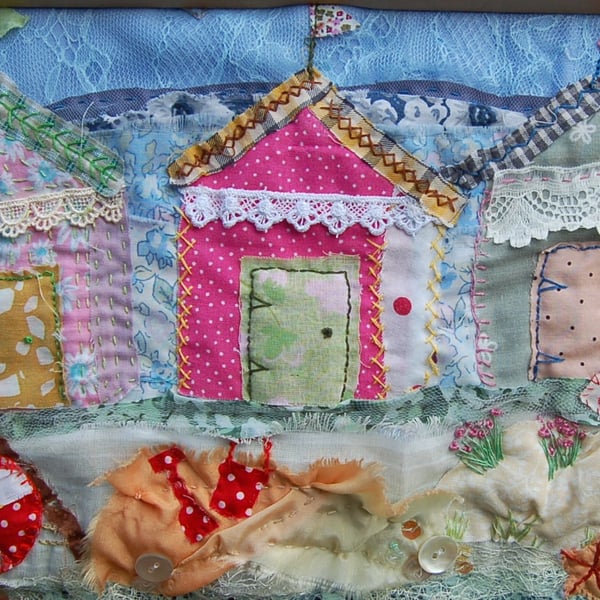 Beach Huts - Upcycled Applique Art textile picture