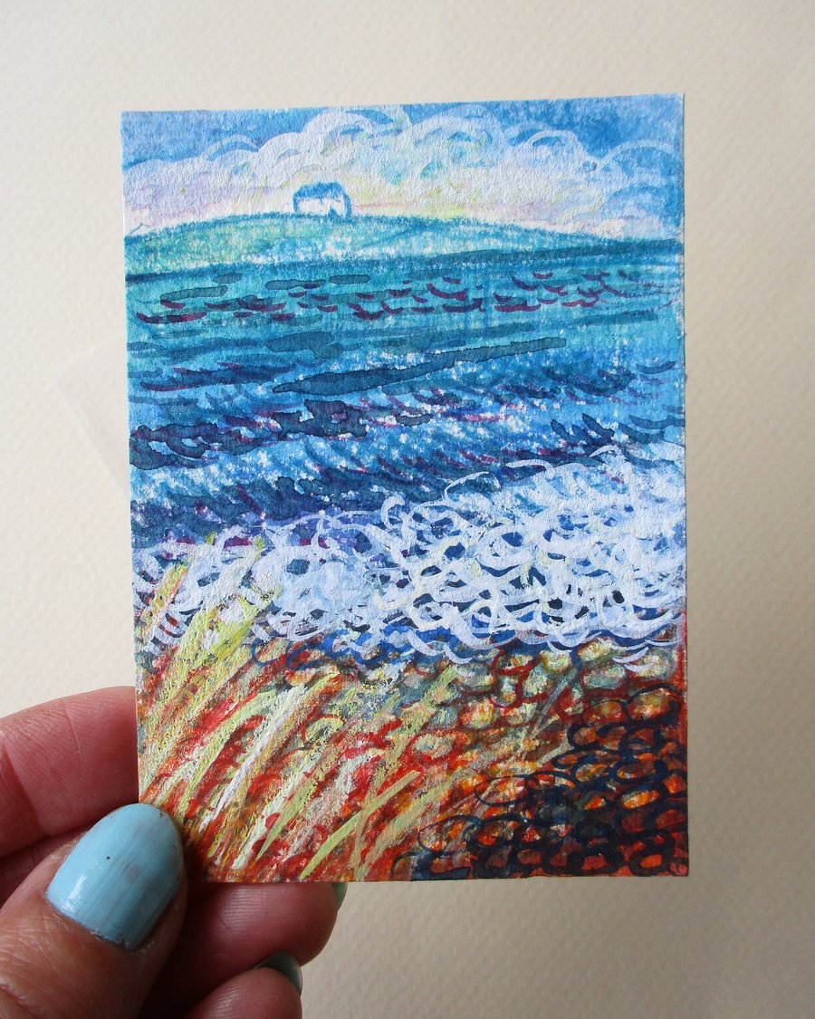 ACEO Original Mixed Media Painting - Caithness Coast, Scotland Landscape