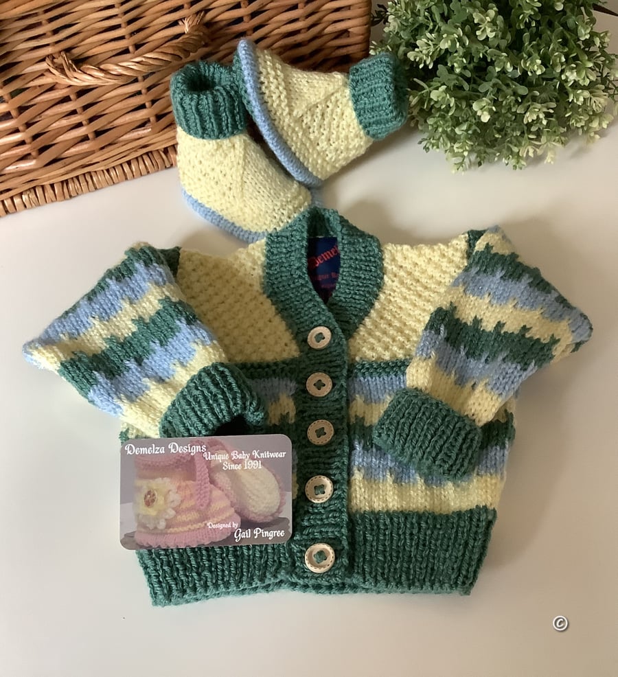 Hand Knitted Baby Cardigan & Matching Booties Set Size 3-9 months 