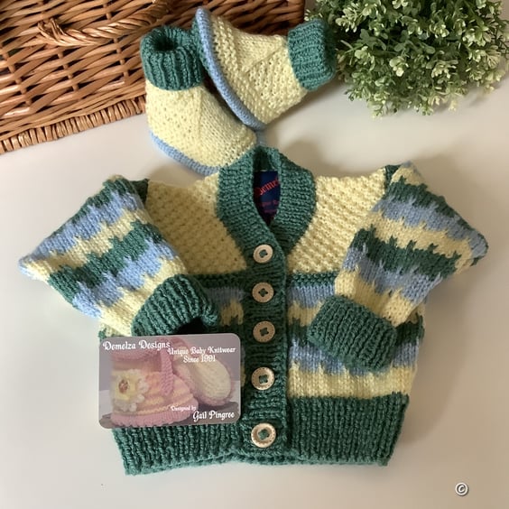 Hand Knitted Baby Cardigan & Matching Booties Set Size 3-9 months 