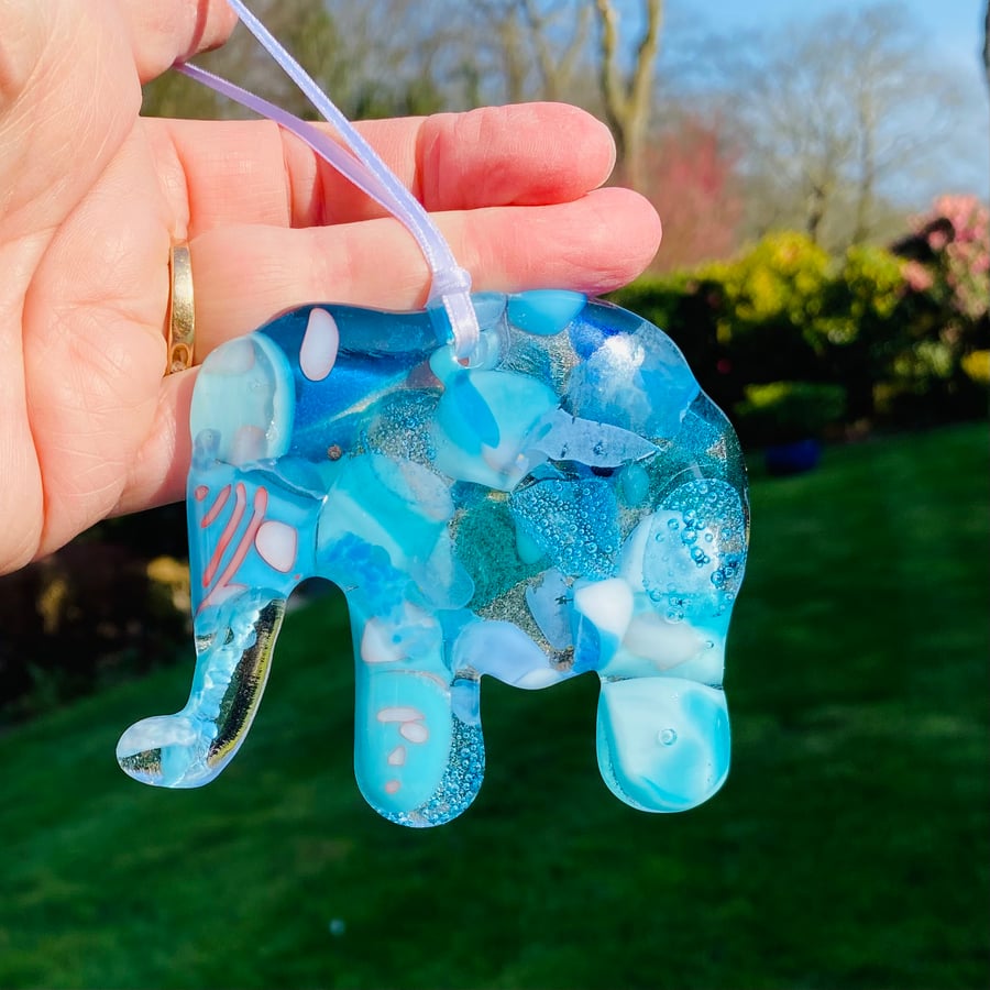 Fused glass blue elephant hanging decoration