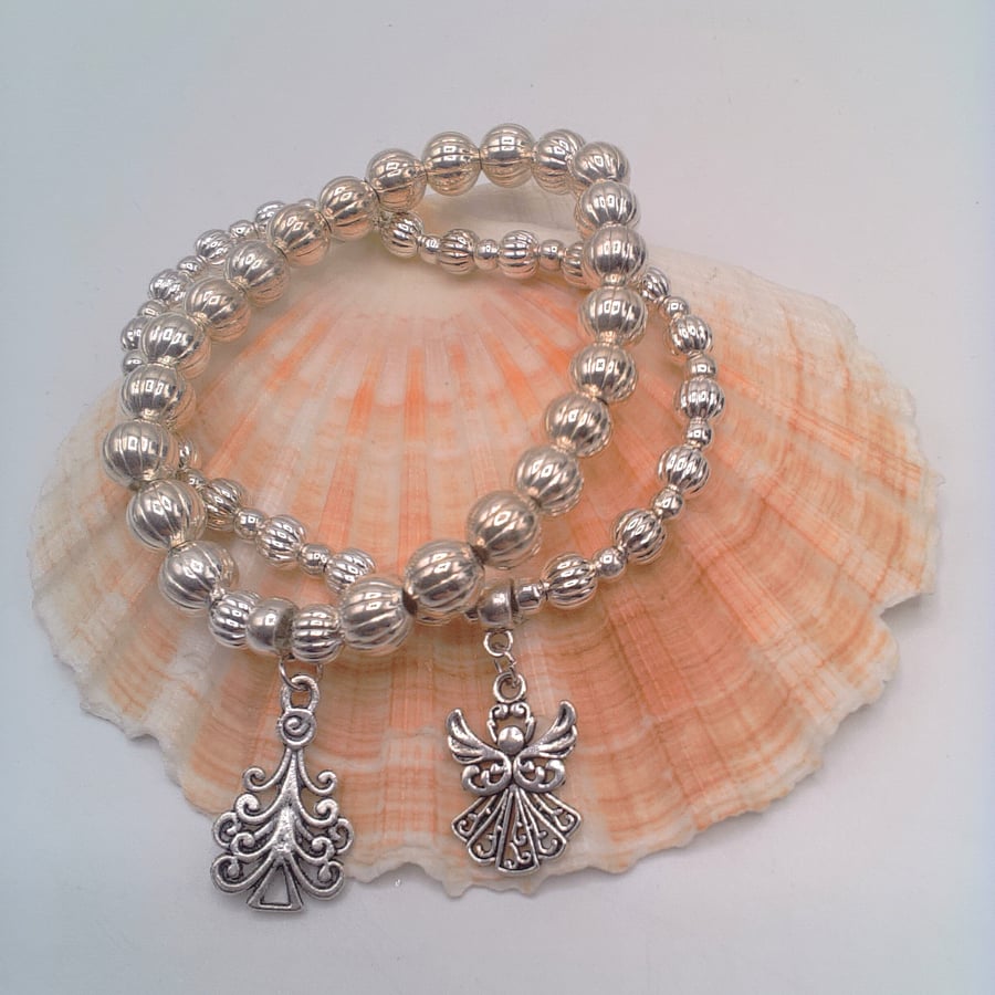 Stretch Christmas Bracelets with Silver Plated Beads & Charms, Secret Santa Gift