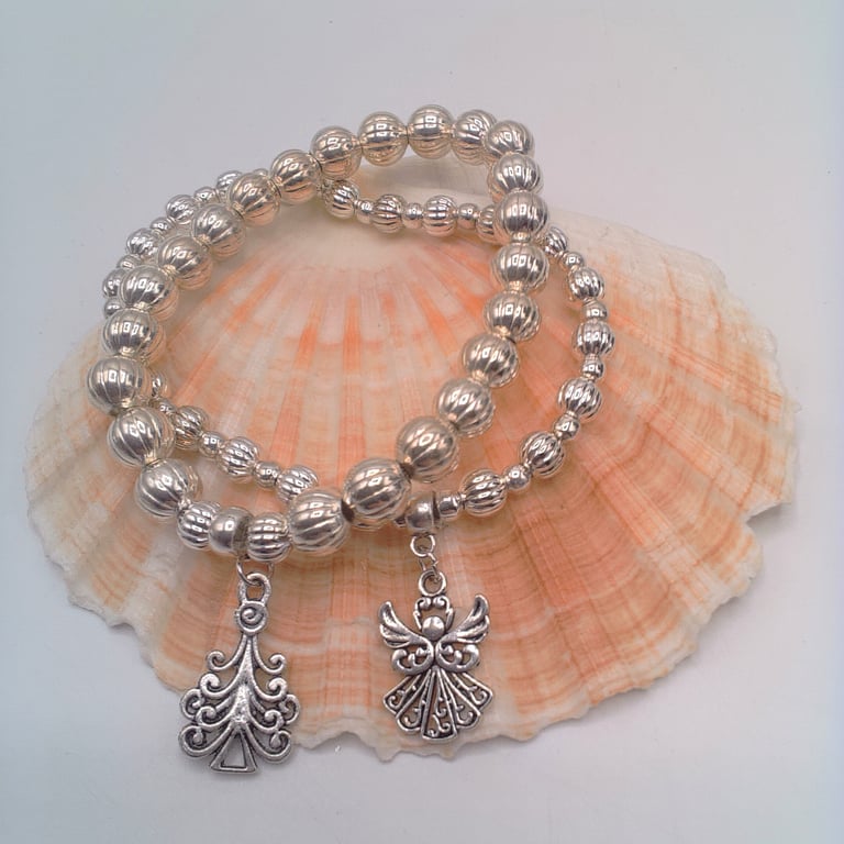 Stretch Christmas Bracelets with Silver Plated Beads & Charms, Secret Santa Gift