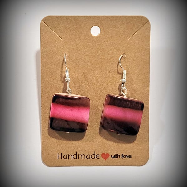 Brown & Pink Glass Bead Dangle Earrings, Silver Plated Hooks, Pillow Gift Box