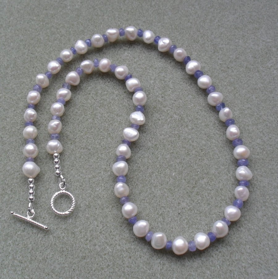 Pearl Necklace With Tanzanite Sterling Silver Necklace
