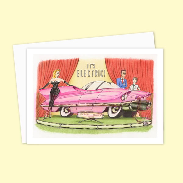 Retro Style Greeting Card: Hand Drawn Electric Car Cartoon (327)