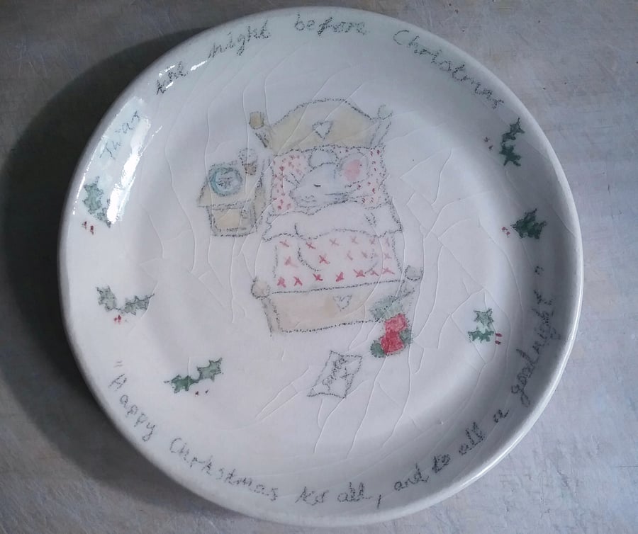 Hand made ceramic plate for Father Christmas santa on xmas eve with mouse  