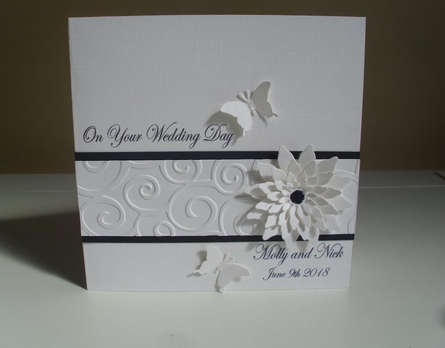 Sparkly Floral Butterfly Wedding Card - Personalised - Black and White 