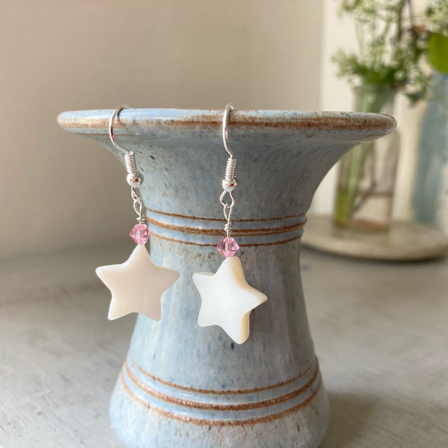 Shell Star Earrings with Pink Swarovski crystal