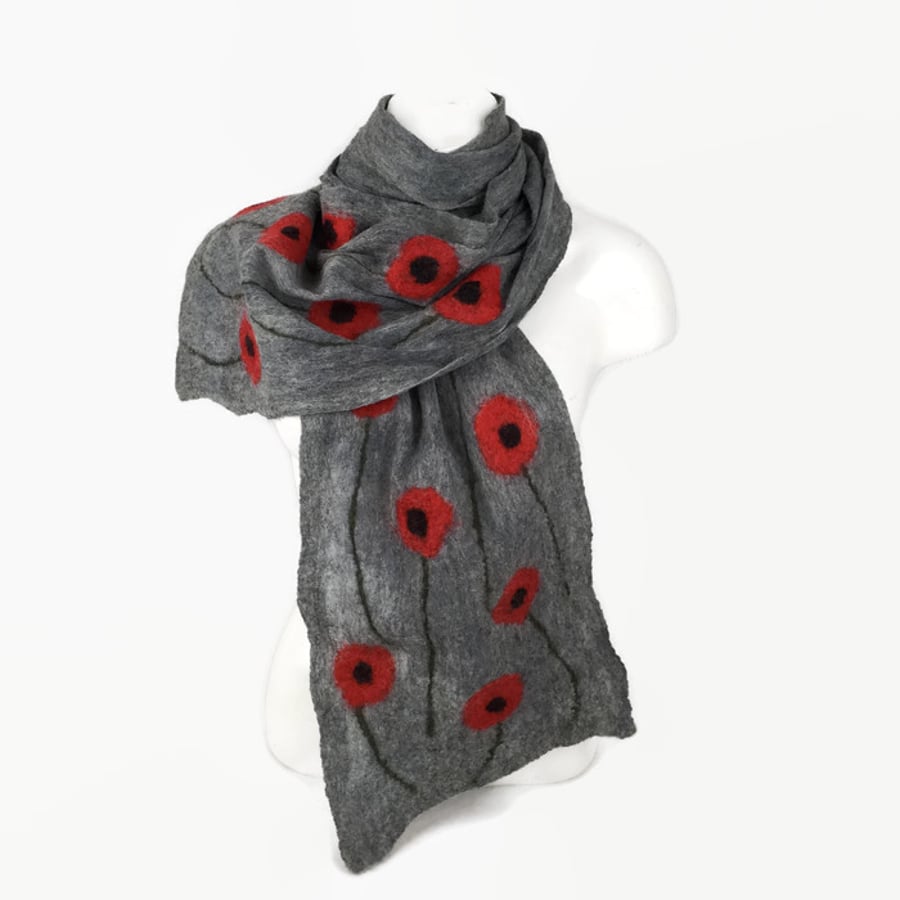 Merino wool scarf, felted long grey poppy scarf