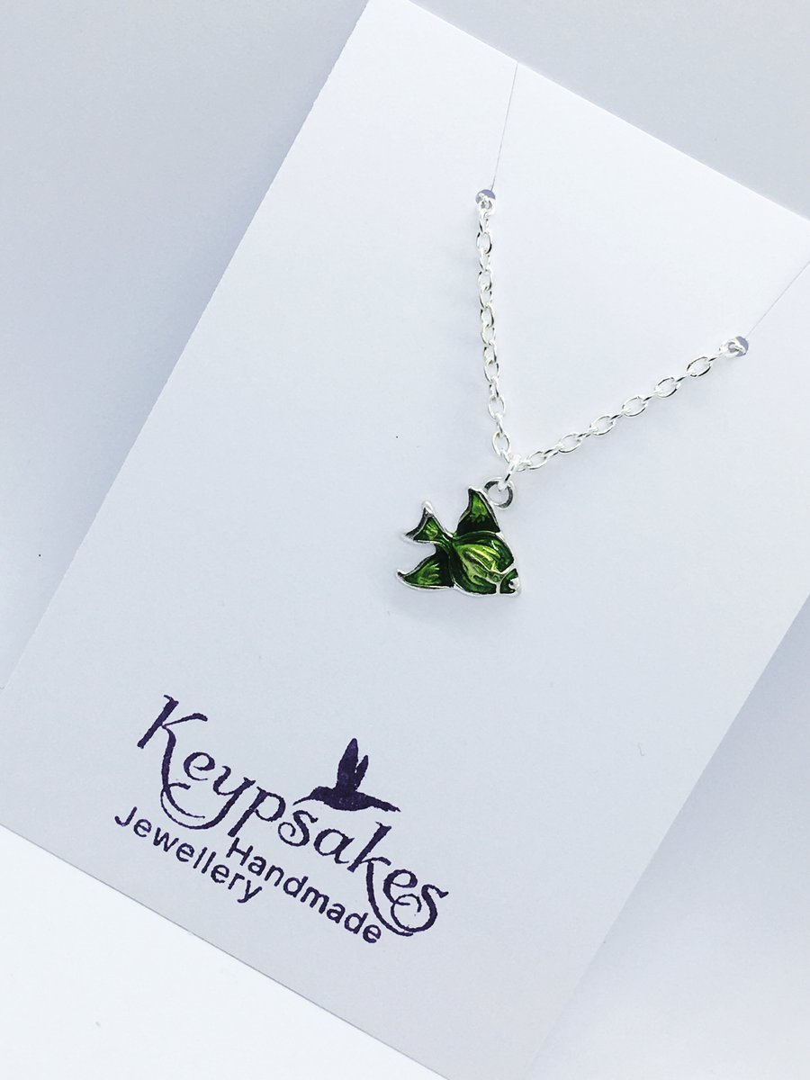 Green Angel Fish necklace, silver plated chain, 3 chain lengths