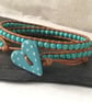 Turquoise semi precious double wrap leather bracelet with ceramic heart button  - Image 4