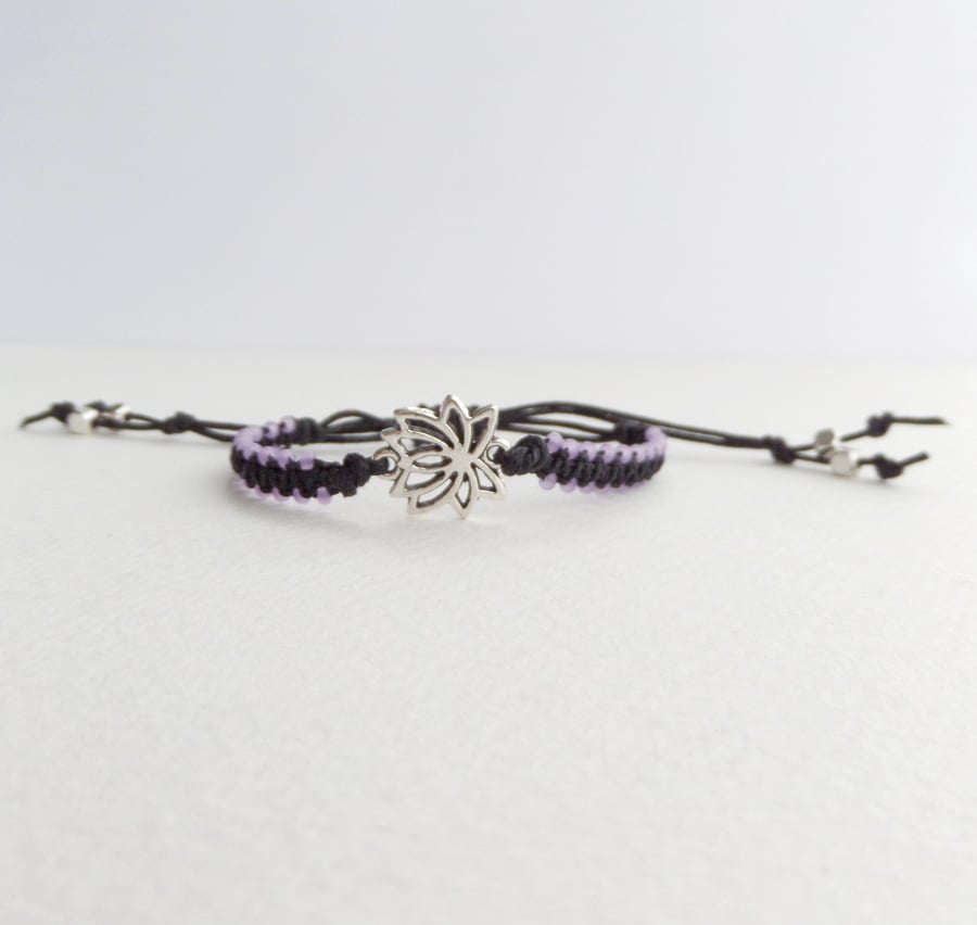 Lotus Flower Cotton Bracelet, Tibetan Silver, Beaded Macramé  Adjustable