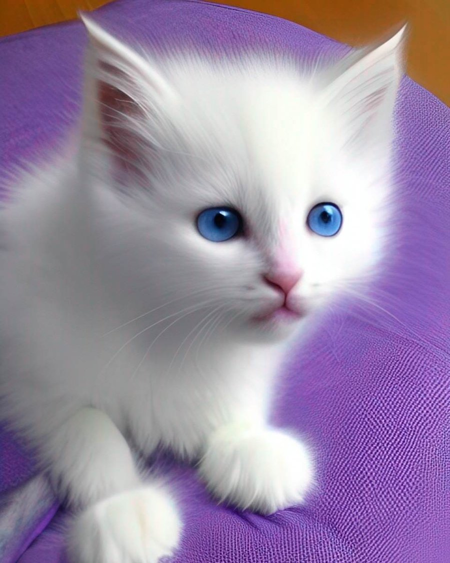 Fluffy White Blue Eyed Kitten On Purple Cushion A4 Art Print