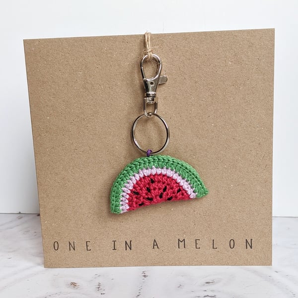 Crochet Watermelon 'One In A Melon' card with detachable key ring, bag charm