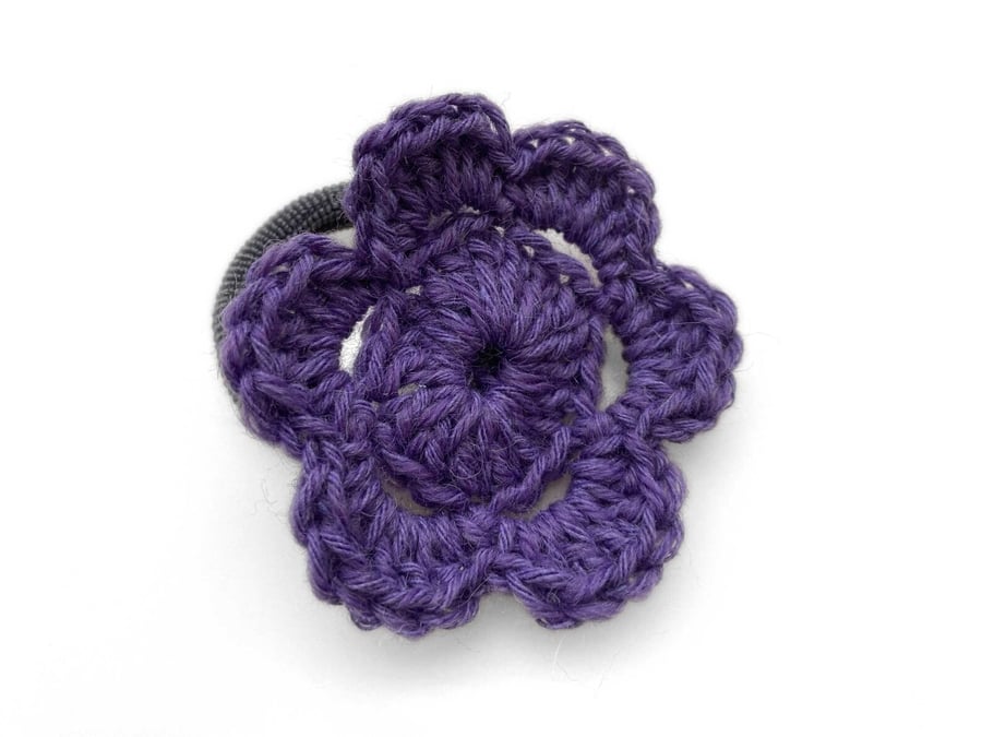 Purple Handmade Crochet Floral Hairband with Elastic - Made in the UK