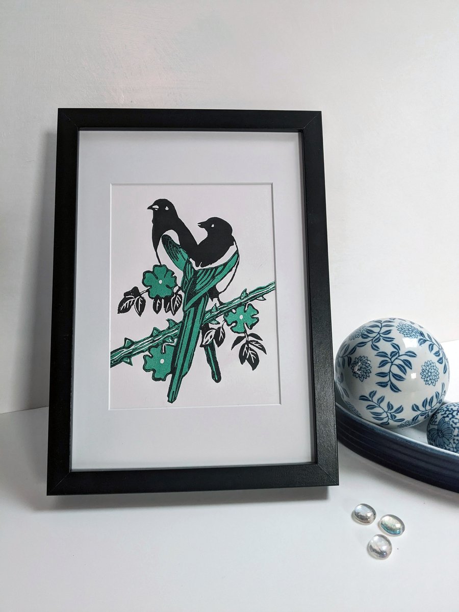 Handmade Linocut Print Magpies 'Two For Joy'