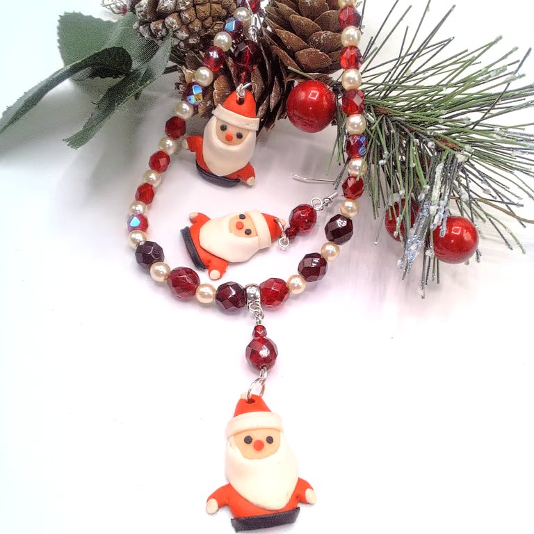 Santa Pendant on a Red Crystal and Cream Pearl Necklace and Earrings, Christmas
