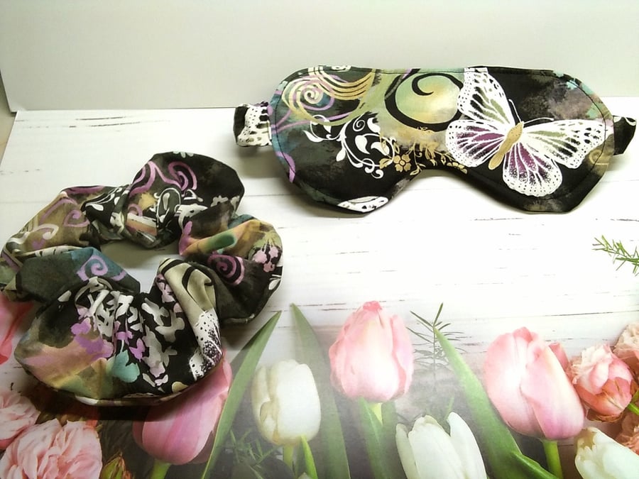 Butterfly Sleep Mask & Scrunchie Gift Set, padded cotton fabric mask