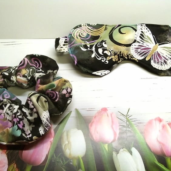 Butterfly Sleep Mask & Scrunchie, padded cotton fabric mask