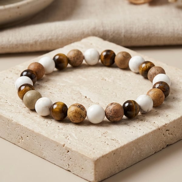 Bracelet with Soothing Magnesite, Picture Jasper and Tigers Eye Gemstones.