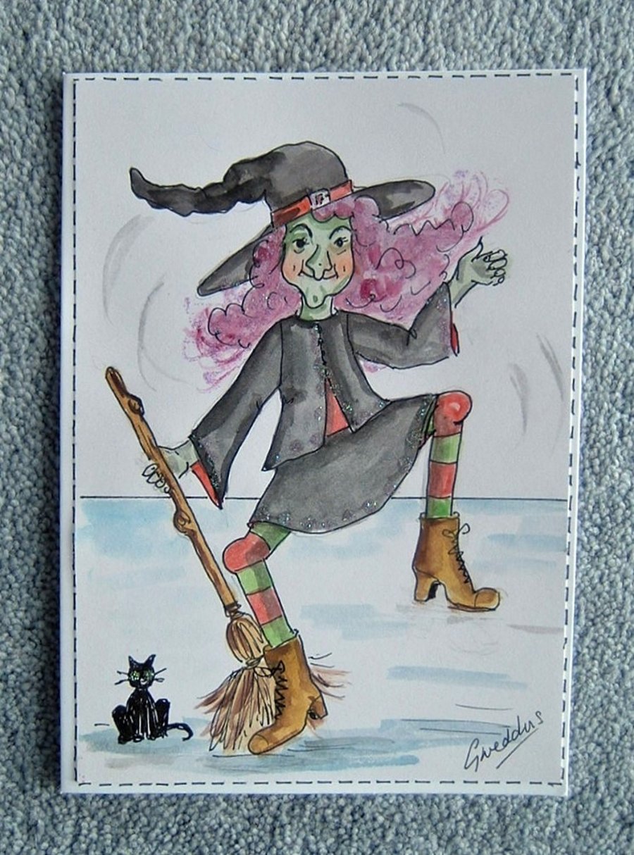 hand painted cartoon witch card ( ref F 555)