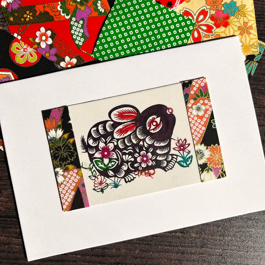 Chinese paper-cut rabbit, handmade card, card for rabbit lover, black rabbit
