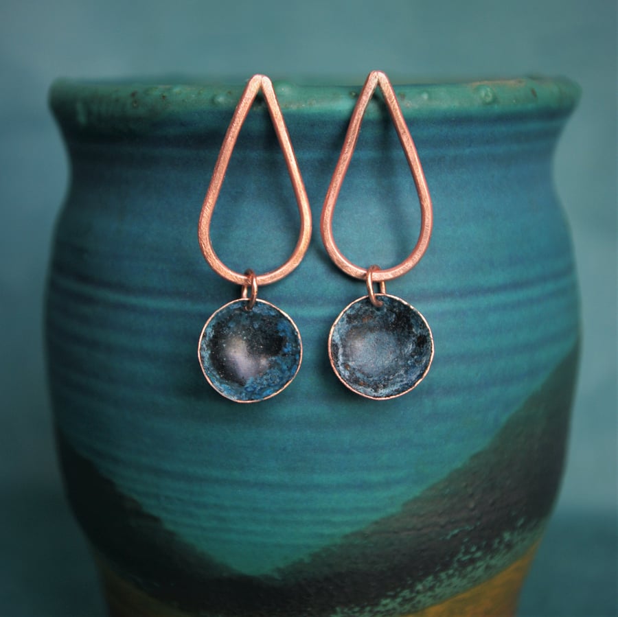 Copper Teardrop with Verdigris Circle Earrings