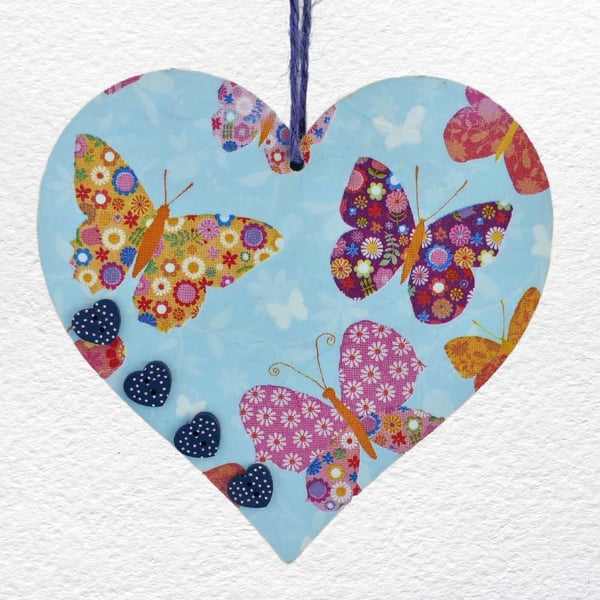 Decoupaged Wooden Hanging Heart 15cm (6"): Pretty Butterflies design