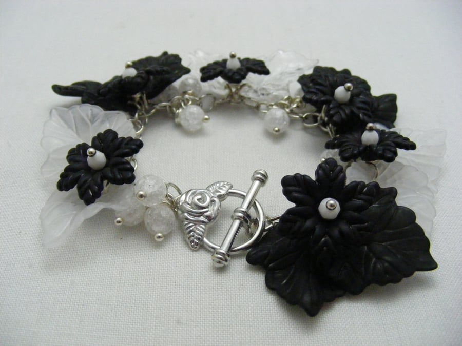 Monochrome Lucite Flowers and Leaves Charm Bracelet