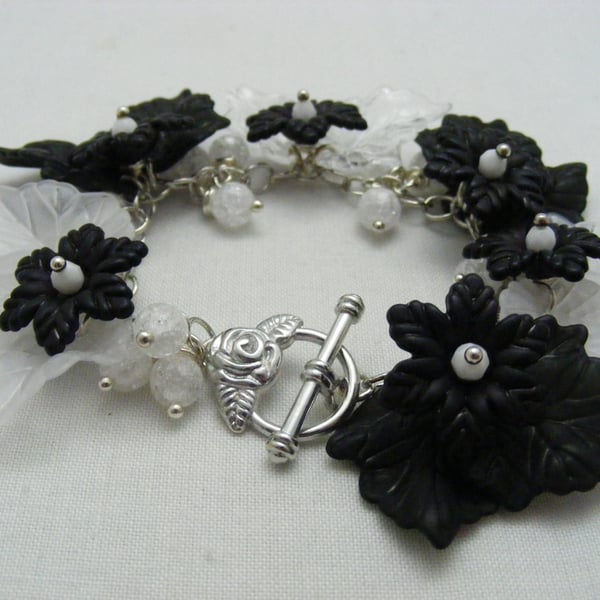Monochrome Lucite Flowers and Leaves Charm Bracelet
