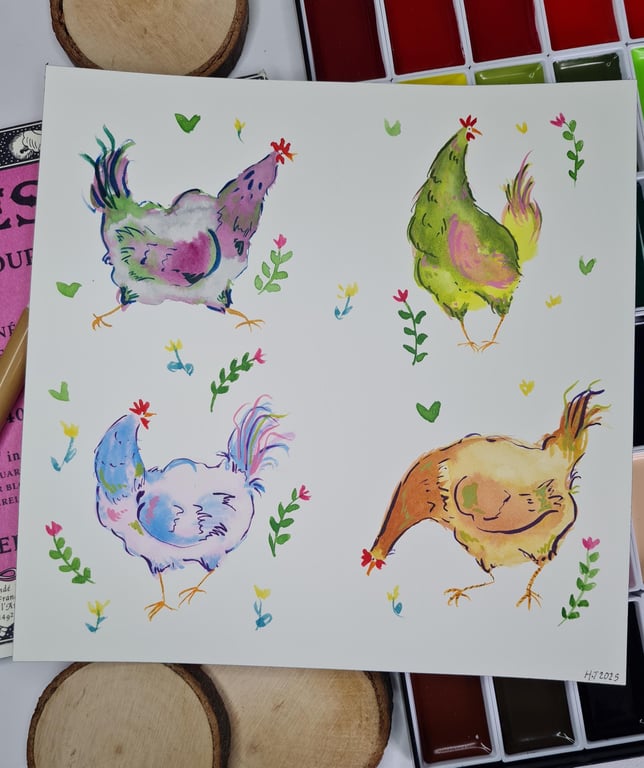 Original hand painted watercolour funny chicken art