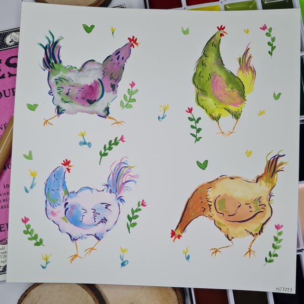 Original hand painted watercolour funny chicken art