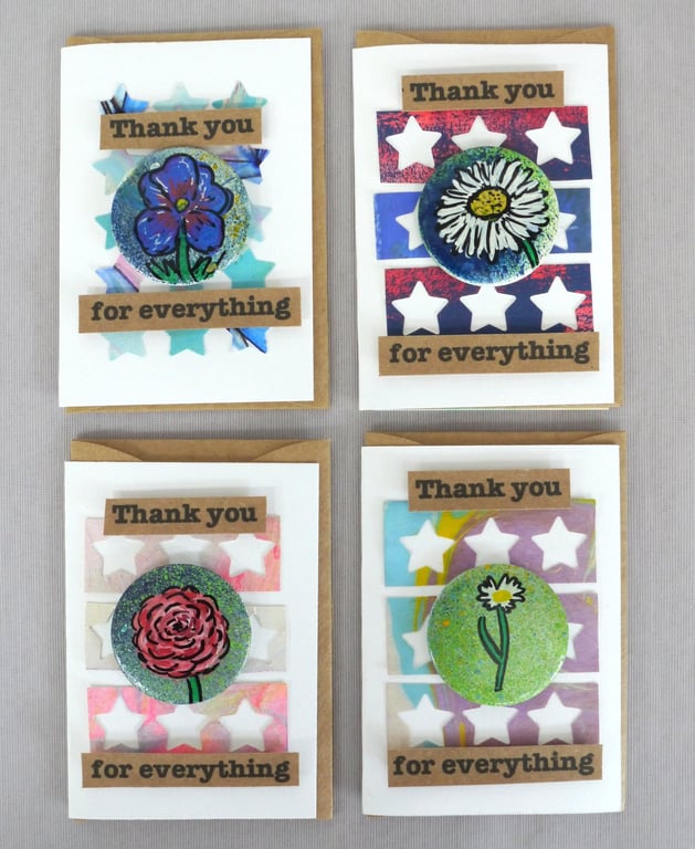 4 x Badges, Flower Badges, Badge Cards, Thank You Cards, Keepsake Cards