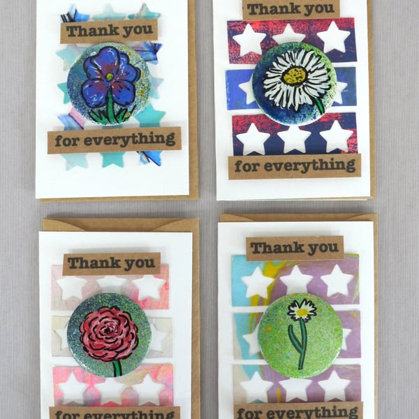 4 x Badges, Flower Badges, Badge Cards, Thank You Cards, Keepsake Cards
