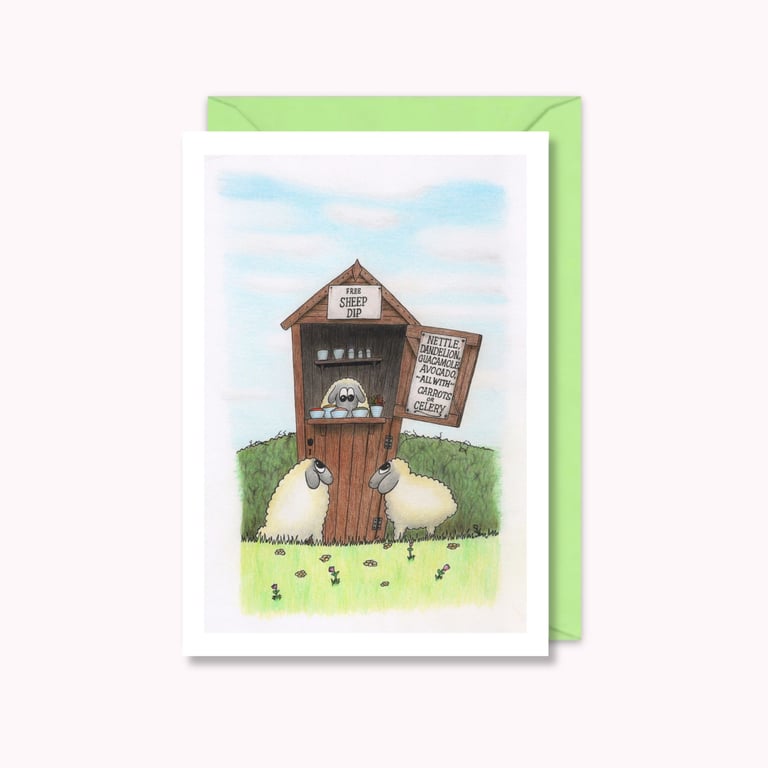 Sheep Dip Greeting Card: Cute and Funny Pencil Illustration (216)