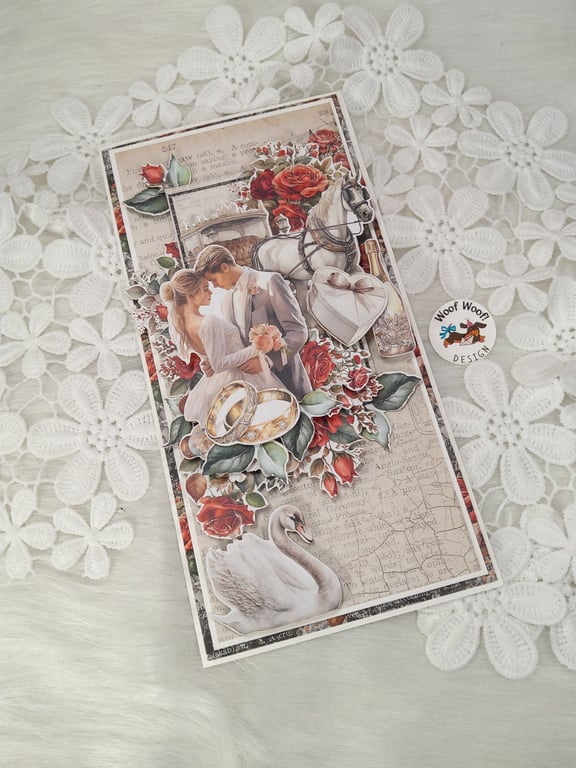 Handmade Wedding Card,  Romantic Vintage Wedding Card. (201)
