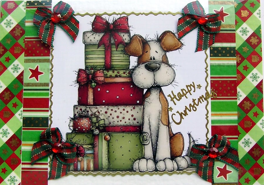Hand Crafted Decoupage Chistmas Card Happy Christmas (3376) Puppy with Presents