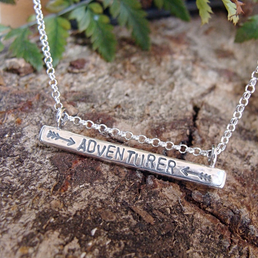 ADVENTURER Sterling Silver Stamped Word Quote Bar Necklace 