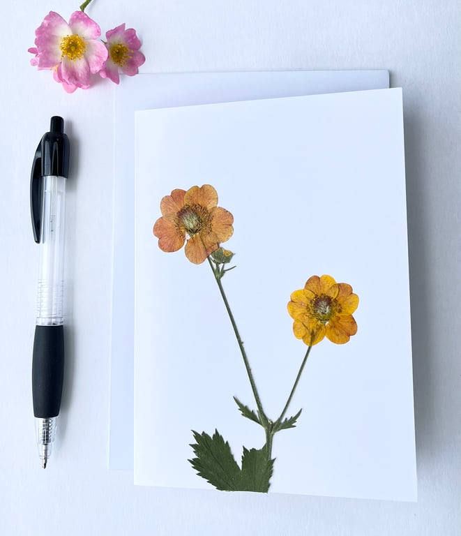 Handmade Real Pressed Flower, Geum, Greeting Card