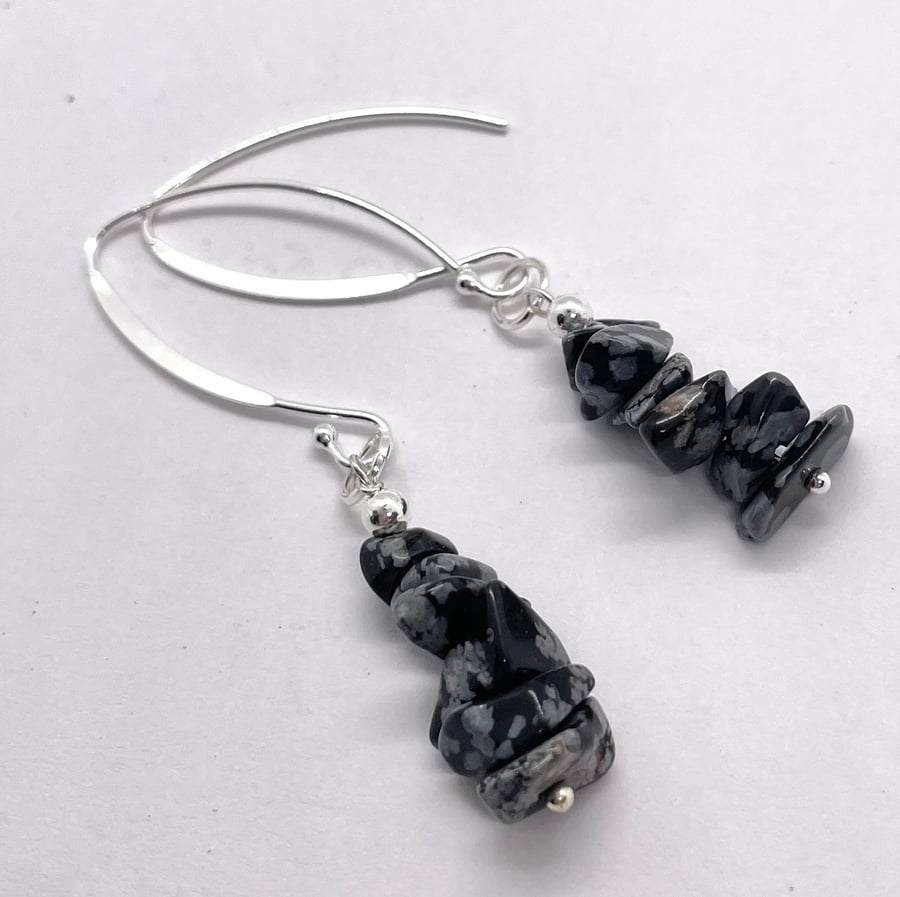 Obsidian Semi-precious Chip Dangle Earrings 