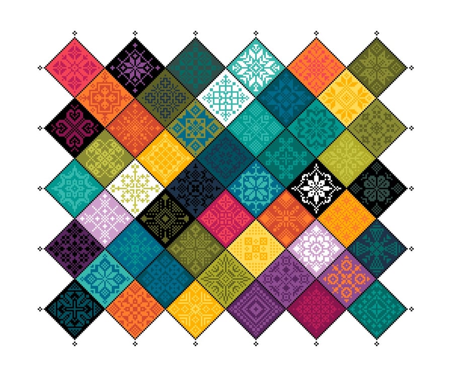 042J - Quaker Sampler - Coloured tiled patchwork squares on white - CS Pattern