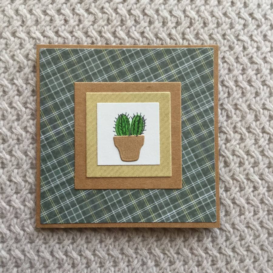 Hand drawn cactus greeting card green tartan 