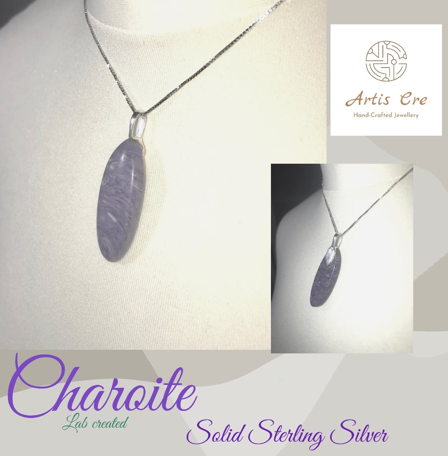 Solid Sterling Silver with Purple Charoite stone (lab) on 18” box chain