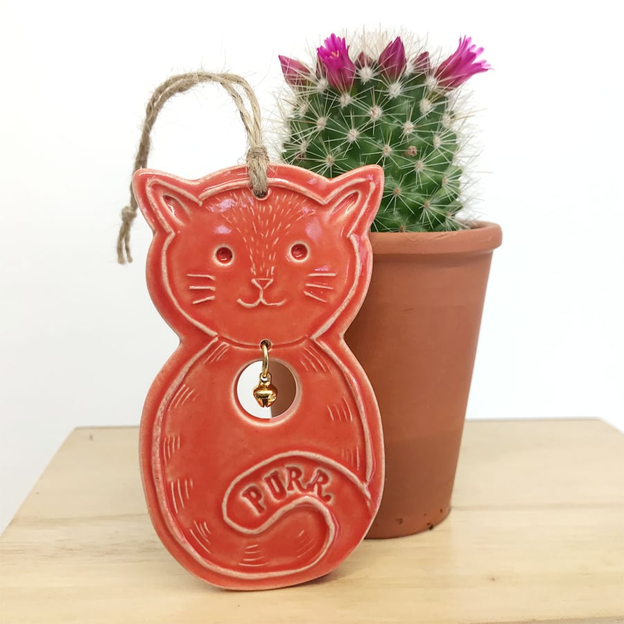 Ceramic Cat decoration with little bell (Dark orange)
