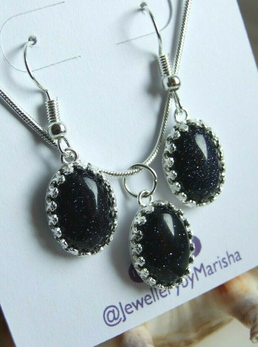 Blue Glittery Goldstone Reiki Healing Silver Plated Necklace & Earrings Gift Set